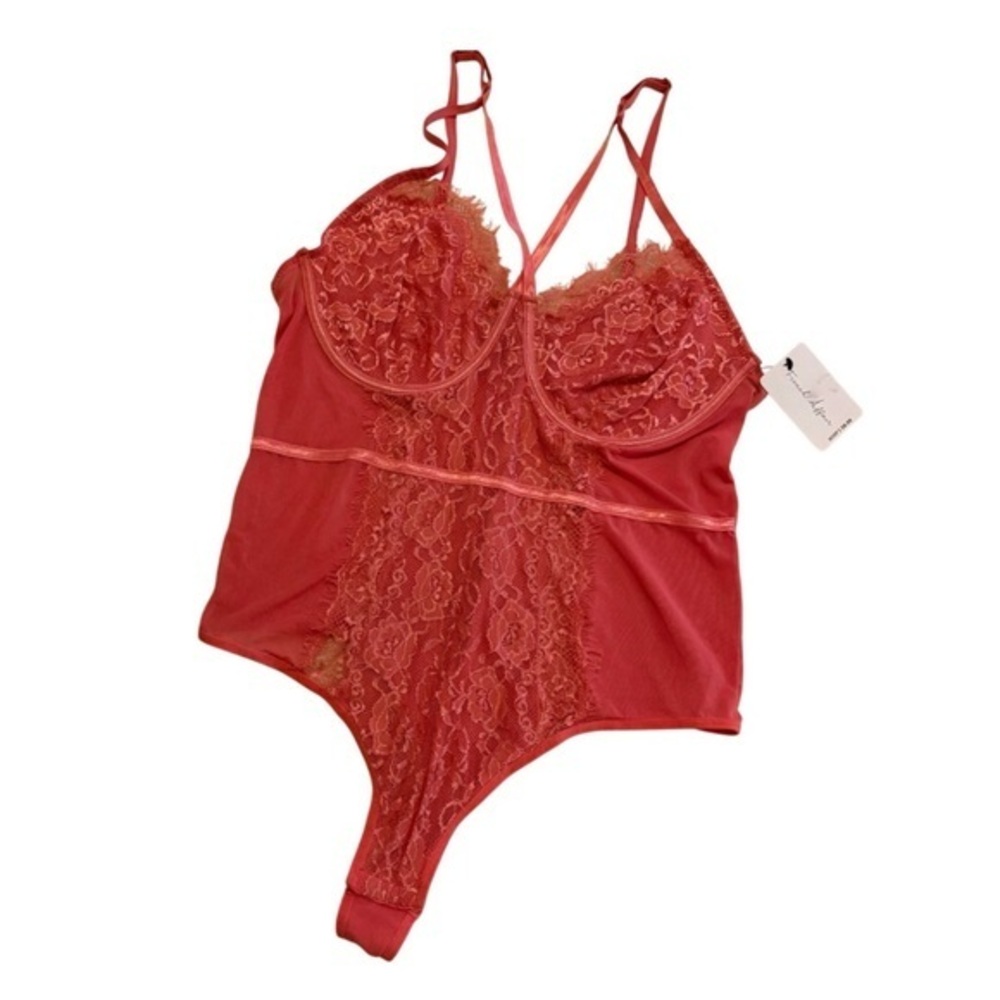 nwt French Affair Lace Mesh Lingerie Bodysuit in Coral Rose Pink — Size 2X, XXL